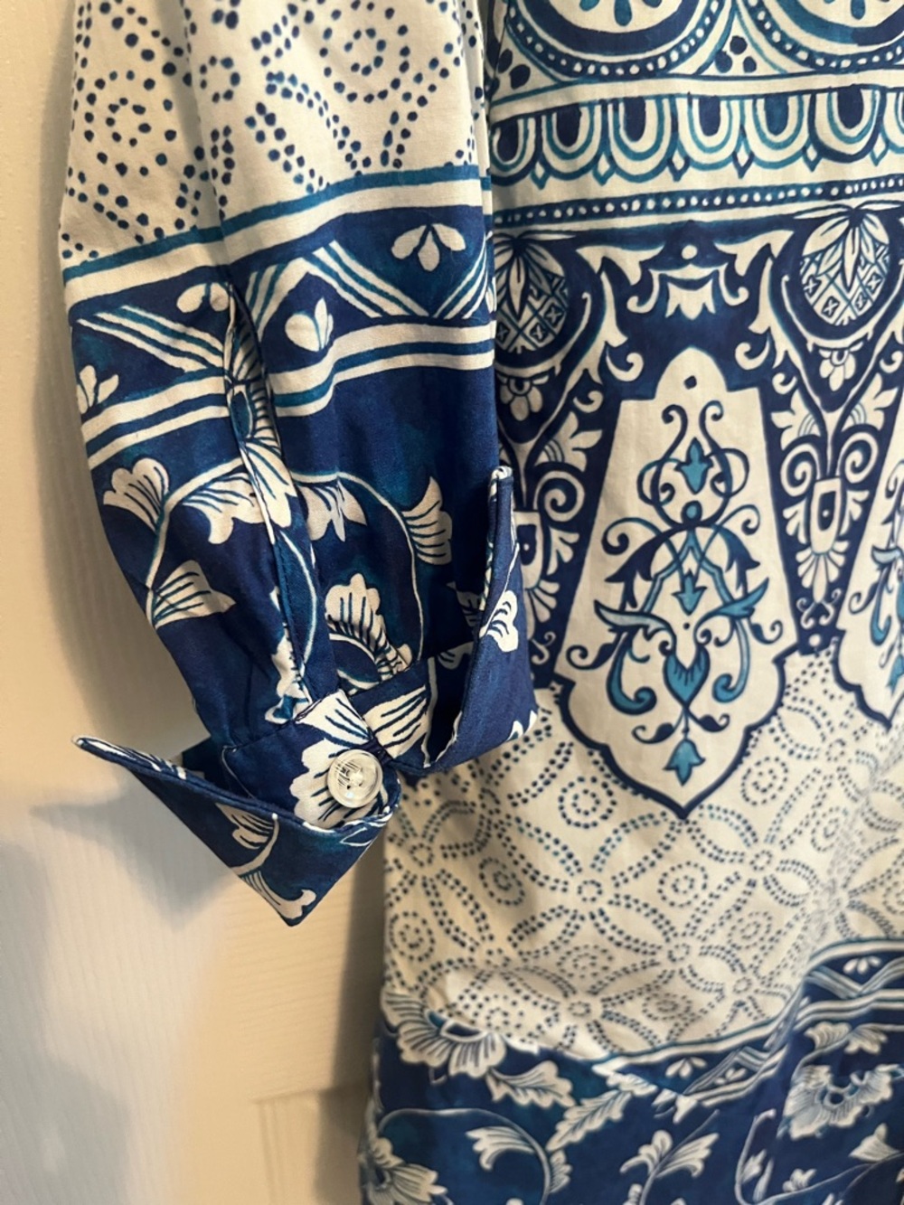 Anthro Blue White Tile Print Shirt Dress XS Button Down Coastal Preppy Chic - Picture 12 of 12